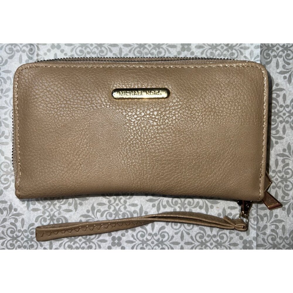 Tan Womens Faux Leather Zip-Around Wallet With Wrist Strap